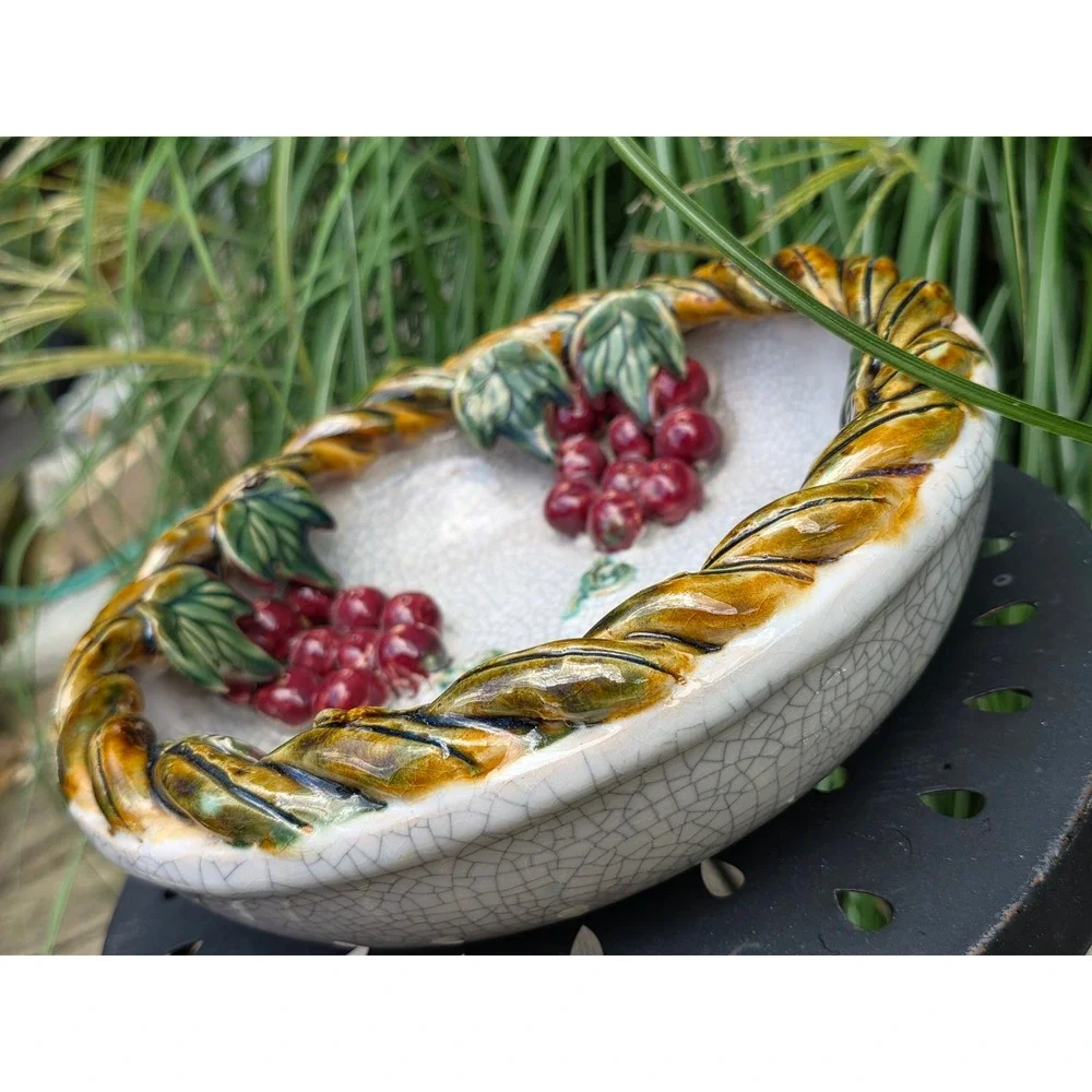 Vintage Handmade Ceramic Crackle Glaze Grape Bowl 3D Raised Fruit Rope RimDecor